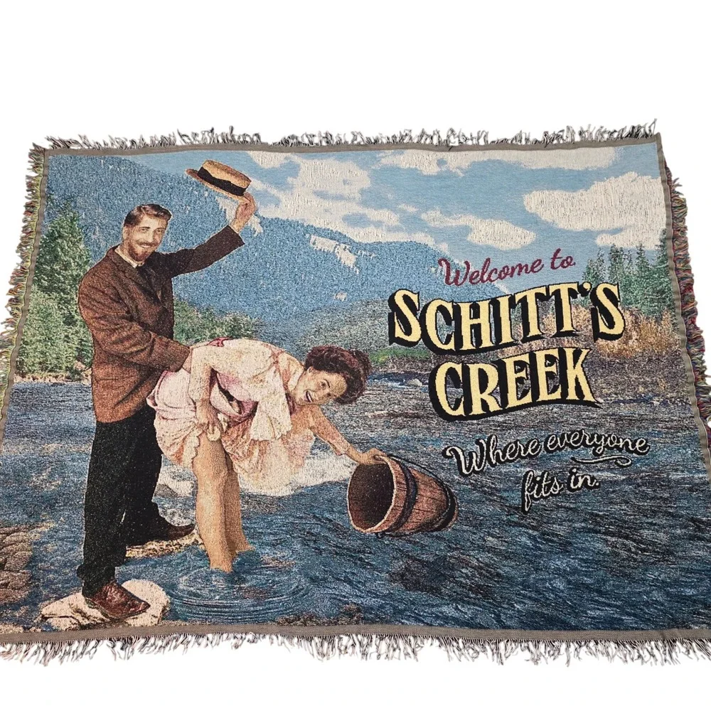 Schitts Creek Woven Tapestry Throw Blanket Welcome Town Sign Fringed 64x48 Decor